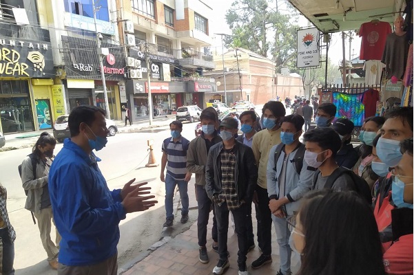 Members of the C2M2 Nepal project gather with volunteers in Thamel to map tourism businesses on OpenStreetMap to help offset second-order impacts of COVID-19 in the area.